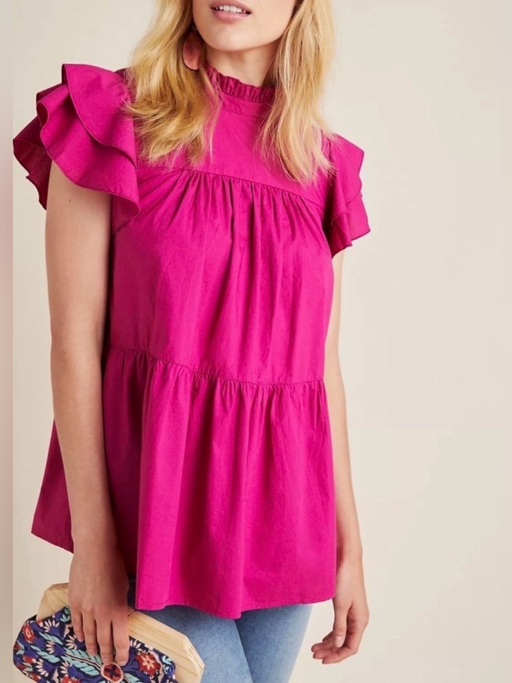Anthropologie Maeve Ophelia Babydoll Blouse Pink Ruffle Sleeve Mock Neck Top XS